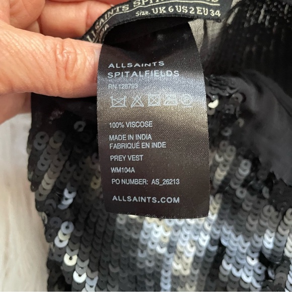 AllSaints Spitalfields Sequin Sheer Raw Hem Black Tank Top Blouse 2 - Picture 9 of 9